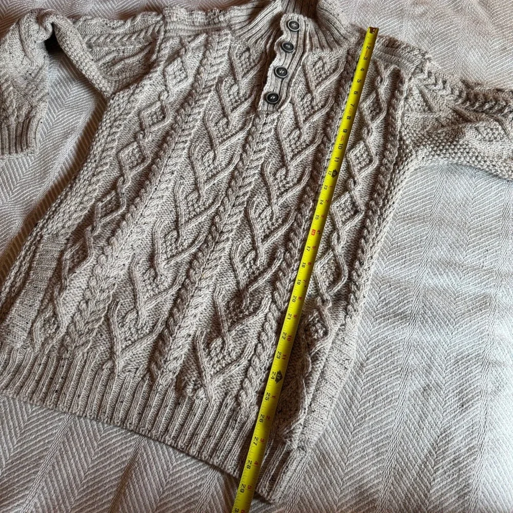 Aran Sweater Market Mens Merino Wool Cable Knit Button Mock Neck Sweater Beige S